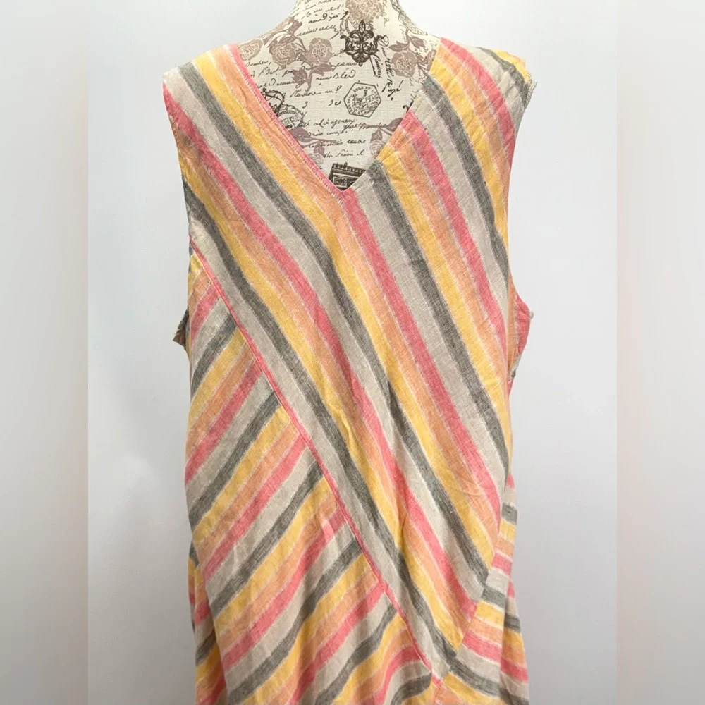 PURE JILL Pink, gray & yellow Linen sleeveless V neck maxi sundress size 3X - Picture 6 of 16